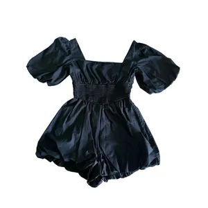 Anthropologie Maeve Puff Sleeve Smocked Romper XS Black Square-Neck Bubble Hem thumbnail 4