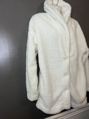 PJ Salvage Coat Womens XL White Faux Fur Sherpa Fleece Button Front Long Cozy thumbnail 2