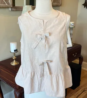 Bow Front Light Khaki Ruffle Hem Cotton Top New thumbnail 1