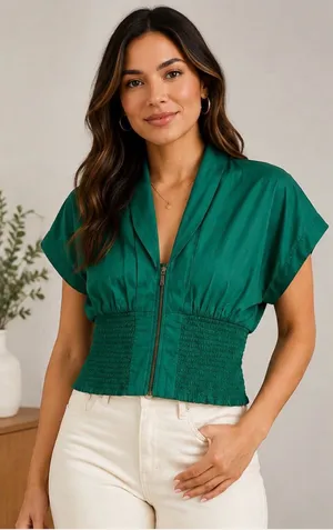 Maeve by Anthropologie Women’s Emerald Green Smocked Waist Zip-Front Top Size S thumbnail 1
