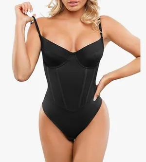 Popilush Corset Bodysuit Built in Bra V Neck Tummy Control Thong Shapewear NEW thumbnail 1