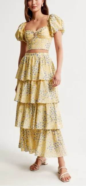 NEW Abercrombie & Fitch Drama Tiered Maxi Skirt and Puff Sleeve SET thumbnail 1