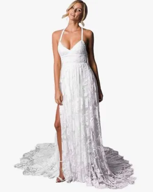Ryanth Long Lace Wedding Dresses Bride Simple Beach Dress Train Boho Bridal thumbnail 3