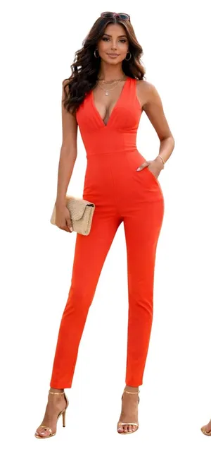 VNTG Orange Plunging X-Back Jumpsuit Slim Straight Leg Size Small thumbnail 1