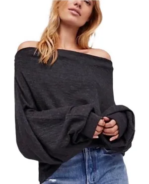 We the Free Slouchy Off the Shoulder Gray Henley Oversized Top Size Large thumbnail 1