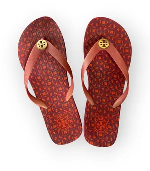 Tory Burch Logo Lattice Red Printed Flip Flops with Logo Medallion thumbnail 1