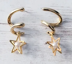 Vintage Earrings for Pierced Ears Twist Dangle with 3D Star & Faux Pearl thumbnail 1