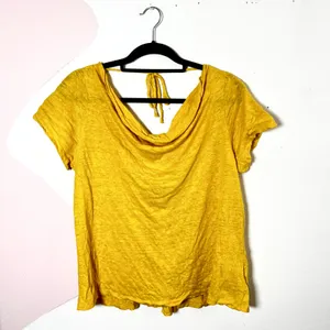 100% Linen Top Women's Medium Mustard Yellow Cowl Neck‎ Tie Back Short Sleeve thumbnail 3