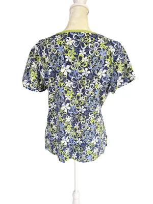 MC2 lime green and blue floral short sleeve v-neck scrub top front pockets L thumbnail 4