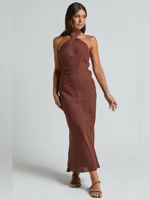 SHOWPO Maelynn Linen Twist Halter Neck Low Back Slip Dress In Chocolate thumbnail 5