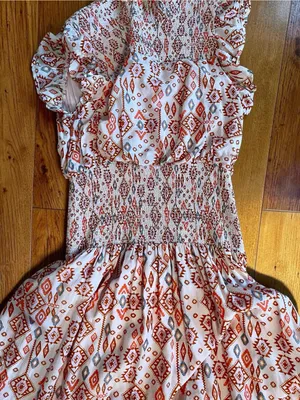 AQUA Boho Smocked Cotton Maxi Dress XL Pink Geometric Flutter Sleeve thumbnail 10