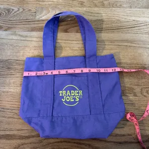 Trader Joes Mini Canvas Tote Bag Purple Yellow‎ Logo Limited Edition Grocery Bag thumbnail 3