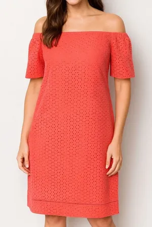 LAUREN Ralph Lauren Coral Eyelet Off Shoulder Shift Dress 2 100% Cotton‎ Summer thumbnail 1