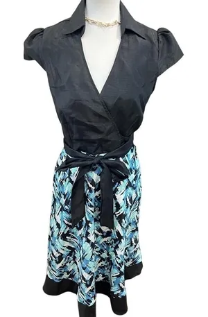 Karin Stevens Faux Wrap Midi Dress Puff Sleeve Abstract Print Blue Black Size 6 thumbnail 1