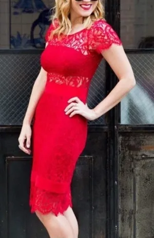 Nicole Miller Red Short Sleeve Combo Dress Midi Lace Illusion Size 0 thumbnail 1
