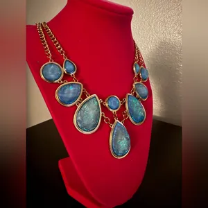 Flashy Blue Opalescent Statement Necklace Double Strand Gold Tone Bauble Collar thumbnail 4