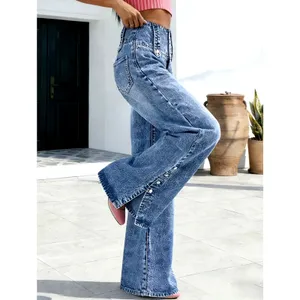 Casual High Waist Wide Leg Denim Jeans Button Down Calf Light Blue 10 thumbnail 3