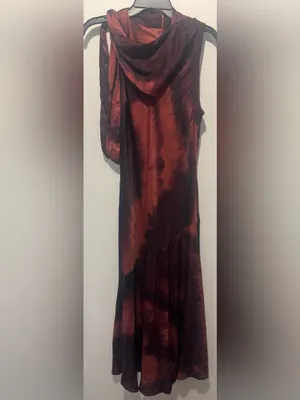 DKNY Sleeveless Tie-Neck Midi Dress in Burgundy and Coral Wash thumbnail 6