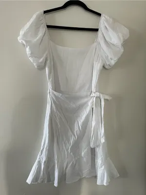 Trixxi White Puff Sleeve Wrap Mini Dress Medium Coastal European Summer Beach thumbnail 1