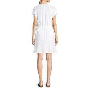 Cloth & Stone White Short Sleeve Ruffle Tie Neck Mini Dress Size M Rayon Linen‎ thumbnail 2