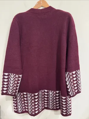 Frye Burgundy Open Front Long Sleeve Geometric Patterned plush Long Cardigan XL thumbnail 3
