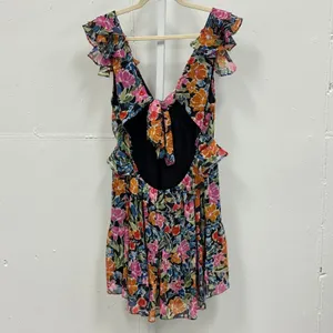 AQUA Floral‎ Metallic Ruffle Mini Dress Open Back Tie Multi Color Large Summer thumbnail 2