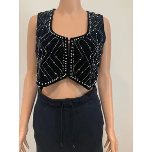 Zara XS velvet rhinestone studded beaded crop top vest TS 3374 thumbnail 10