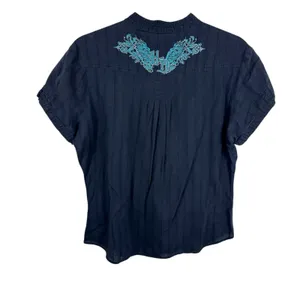 Harley Davidson 100% Cotton Black Blue Embroidered Short‎ Sleeve Button Up Top L thumbnail 2