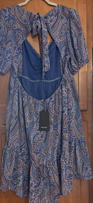 Kojooin Puff Sleeve Tie Back Ruffled Dress Navy Paisley Women’s XL NWT thumbnail 7