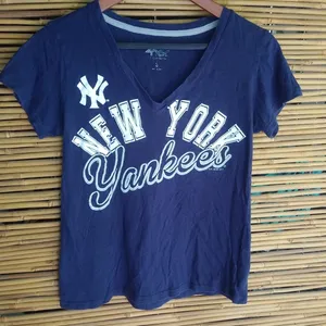 NY YANKEES Blue White V-Neck T-Shirt S thumbnail 1