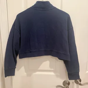 WE WORE WHAT Cropped‎ Terry Quarter Zip Pullover in Navy Blue Normcore thumbnail 4