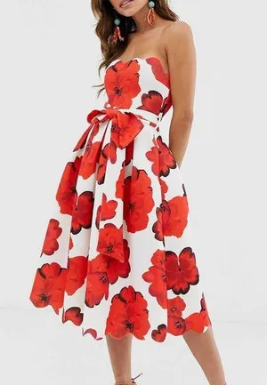 ASOS Design Scallop White and Red Poppy Floral Print Midi Skater Dress thumbnail 1