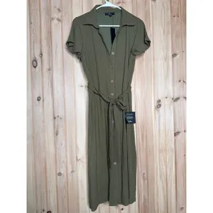 NWT Lulus Italian Summer Olive Green Linen Button-Up Short Sleeve Dress Size M thumbnail 2