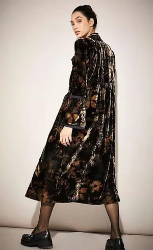 Free People Hazel Duster Velvet Coat Floral Print Black Gold Brown Lined XL H thumbnail 3