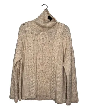 J.Crew Turtleneck Sweater Women XL Beige Good Wool Cable Hand Knit thumbnail 1