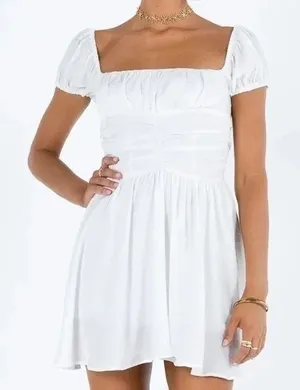 NWT Cider Linen Blend Ruched Ruffle Square Neck Mini Dress Zip Back Large White thumbnail 1