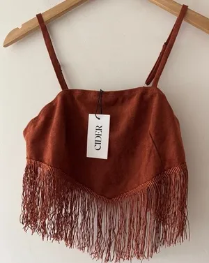 NEW!! CIDER Brown Fringe Tassel Boho Western Crop Top thumbnail 1