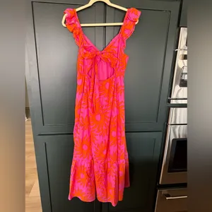J. Marie Sun Print Tiered Midi Dress NWT Pink Orange Ruffle Summer Dress Size L thumbnail 6