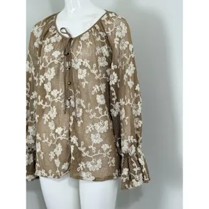 Y2k Sheer Mesh Floral Blouse Long Sleeve Embroidered Women XL Floral Cottagecore thumbnail 4
