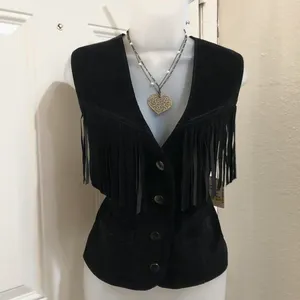 NWT Black Genuine suede leather fringe vest button up front-western boho indie goth grunge Size M-measurements in pics thumbnail 1