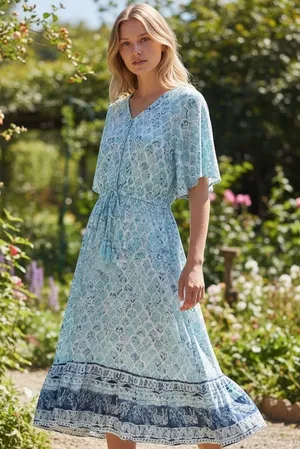 Margaux Riviera Blue White Print Viscose Maxi Dress Flutter Sleeve Size L thumbnail 1