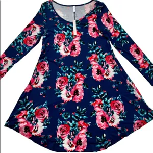 Dearcase Dress Blue Pink Floral Jersey Long Sleeve V-Neck Swing Dress Large NEW thumbnail 9