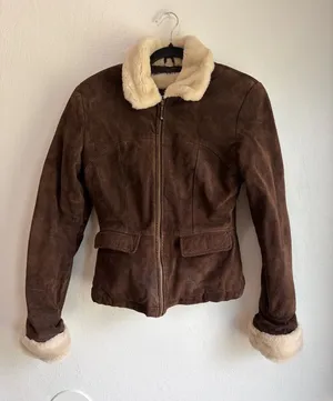 Y2K leather suede bomber jacket with fuzzy lining size small Brown thumbnail 1