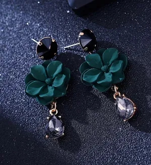Women's Green Flower Crystal Teardrop Dangle Drop Earrings thumbnail 2
