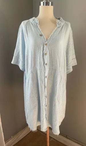 Light Blue Button-Front Midi Dress with Frayed Trim thumbnail 1