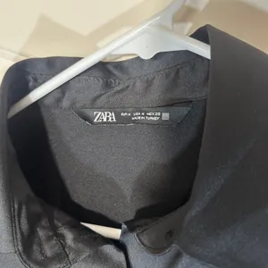 ZARA Bodysuit Black Long Sleeve Button Down Satin Effect‎ Blouse Shoulder Pads M thumbnail 3
