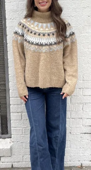 H&M Tan and cream knit oversized turtleneck sweater sz M thumbnail 1