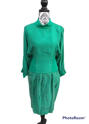 Vintage 80s Kelly Green Gingerfield Silk Two Piece Outfit Turtleneck Skirt S thumbnail 1
