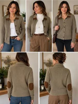 LRL Ralph Lauren Women Petite P Brown Cotton Knit Cardigan Suede Elbow Patches thumbnail 2