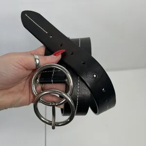 Olga Santini Women's Size L Leather Belt Black DOUBLE‎ OO Buckle Silver Toned thumbnail 2